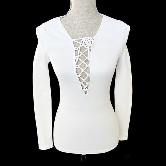 Free People Intimately Ribbed Lace-up Long Sleeve Top White Tee Extra Small XS - Picture 1 of 13